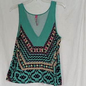 Tracy Reese teal aztec pattern sleeveless v-neck top